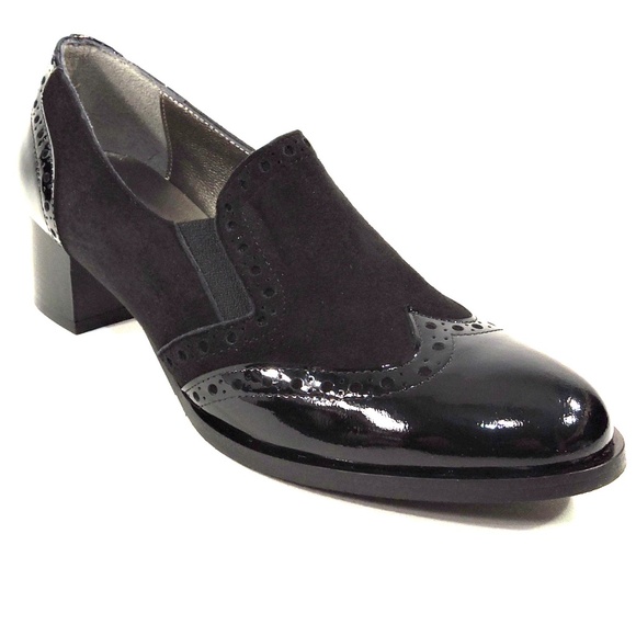 LUIGI TRAINI 🇮🇹 WOMENS BLACK PATENT LEATHER AND SUEDE COMFORT HEELED LOAFERS - Picture 3 of 8